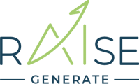 DV_Raise_generate_fd_blc logo rAIse de couleur bleu avec AI de couleur verte dont le trait du A fini par une flèche évoquant une ascension tout en signant le point du I avec GENERATE en signature bleue